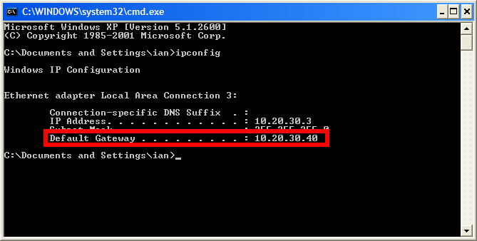 Command prompt with ipconfig results